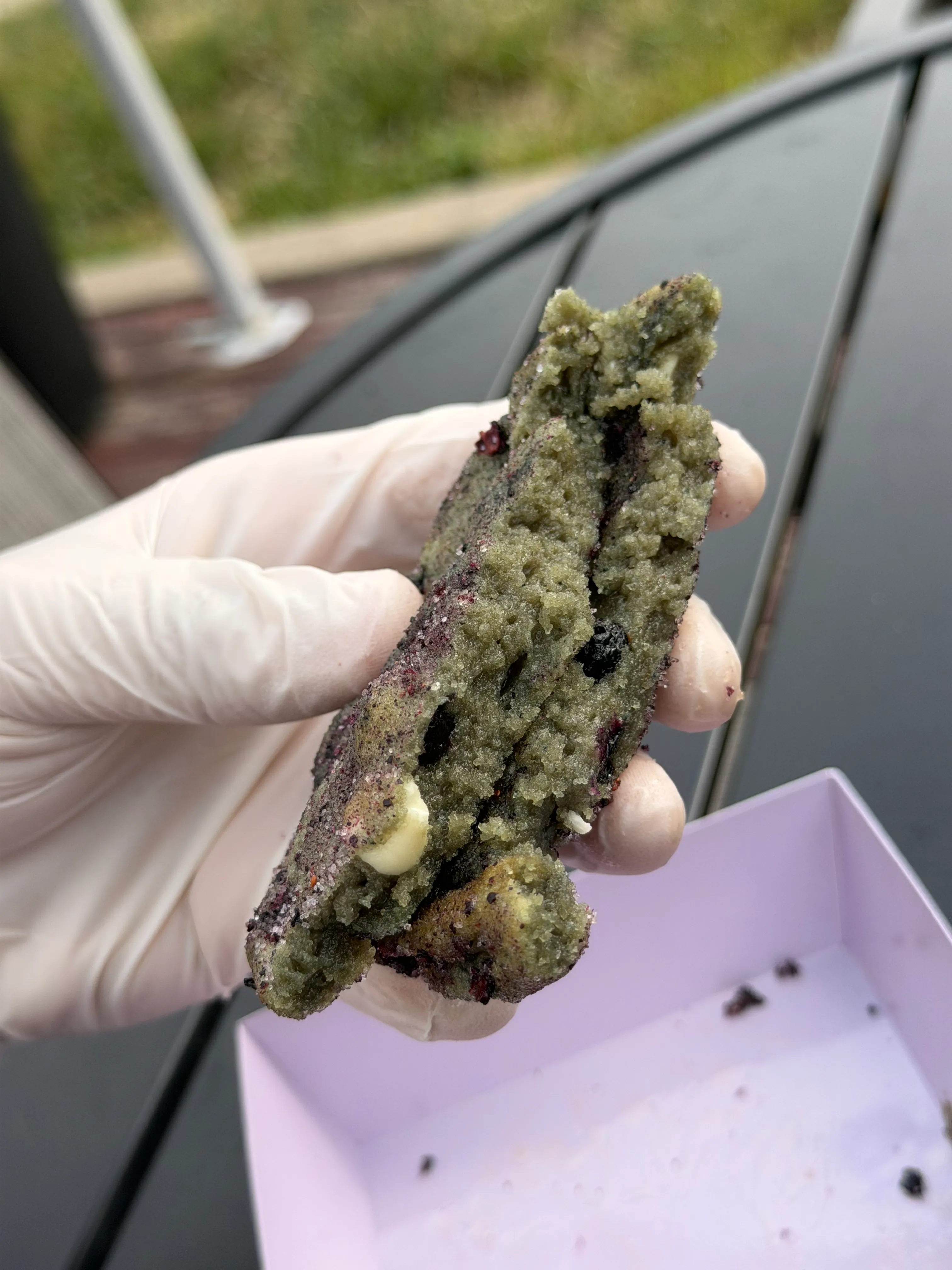 Dark cookie torn open by a gloved hand to show the textured interior.